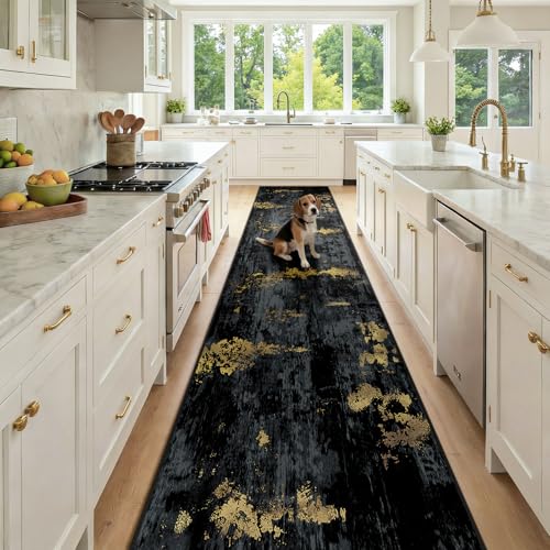 RELEANY Washable Runner 2'6"x14' Abstract Area Rug for Hallway Black Gold - color: Black/Gold, size: 2'6" x 14' (Runner)