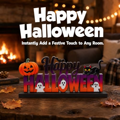 Metal Happy Halloween Desktop Sign for Home, Halloween Tabletop Decoration with Wooden Base, Ghosts and Pumpkin and Black Cat Table Centerpiece for Desk Shelf Mantel Decor. - color: Happy Halloween