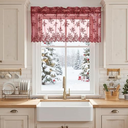 Kotile Burgundy Lace Valance for Windows Rustic Floral W52xL18 Inch 1 Panel - color: Burgundy
