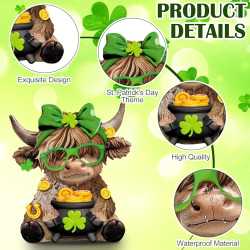 Karenhi 2 Pcs Highland Cow Figurines, Shamrock St Patricks Day Decor - style: Shamrocks