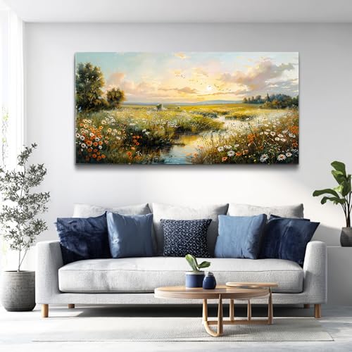 Wildflower Wall Art,River Landscape Wall Decor, Daisy Canvas Painting,30X60 - color: Pastoral Scenery Paintings, size: 60"L x 30"W