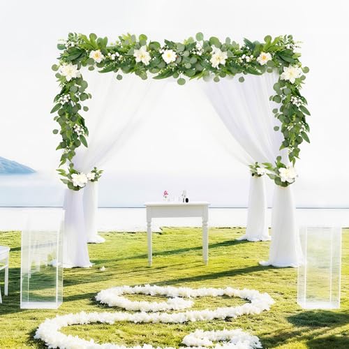 Artificial Eucalyptus Garland with Lights,Fairy Light Olive Leaves Vine Garland with White Flowers & White Berries, Bendable Mantle Garland for Indoor Outdoor Wedding, Home Decoration (6FT) - size: 6FT
