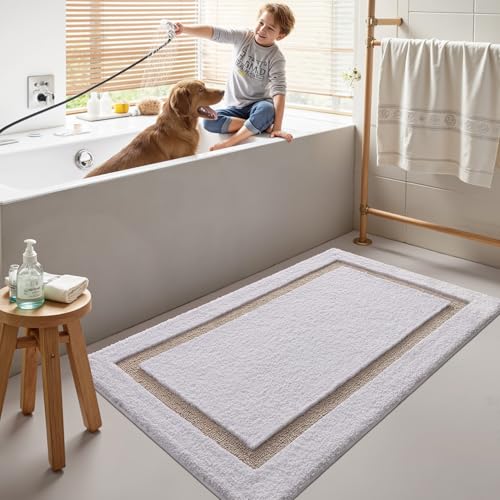 LUMI Bathroom Rug, Non Slip Absorbent Bath Mat, White Beige, 24"x43" - color: White+beige, size: 24"x43"
