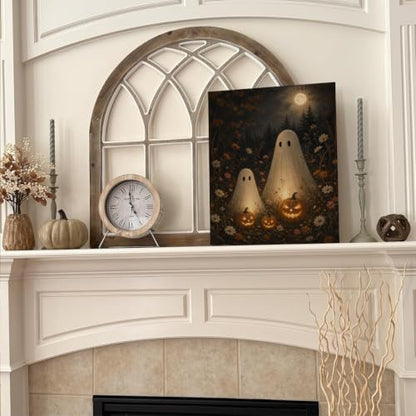 Halloween Wall Art Decor Ghost Pumpkin Wildflowers Canvas Print Framed - color: D