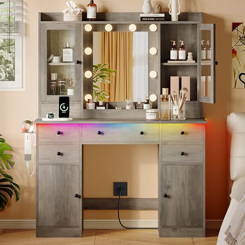 Xixini 44" Vanity Desk with Mirror & Lights, Glass Storage Cabinets, Grey - color: Grey
