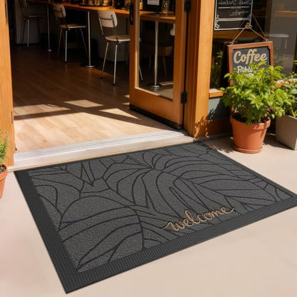LUMI Outside Welcome Door Mat 32x47, Non-Slip Heavy Duty Dirt Trapper, Grey - color: Grey Gold Monstera, size: 32"x47"