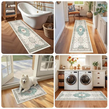 Boho Kitchen Rug Set of 3, Non-Slip Washable Water Green Kitchen Mat - color: Water Green, size: 20"x32"+20"x48"+20"x59"