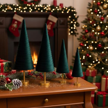 Hoolerry 4 Pcs Christmas Velvet Trees with Gold Pedestal, Green - color: Green