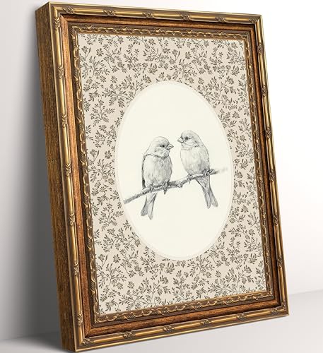 Vintage Gold Framed Bird Canvas Wall Art - Bird Sketch Painting Print, Victorian Botanical Floral Background Artwork, Retro Cottagecore Neutral Tone Wall Decor for Living Room, Bedroom,12x16in - color: bird, size: 12"L x 16"W