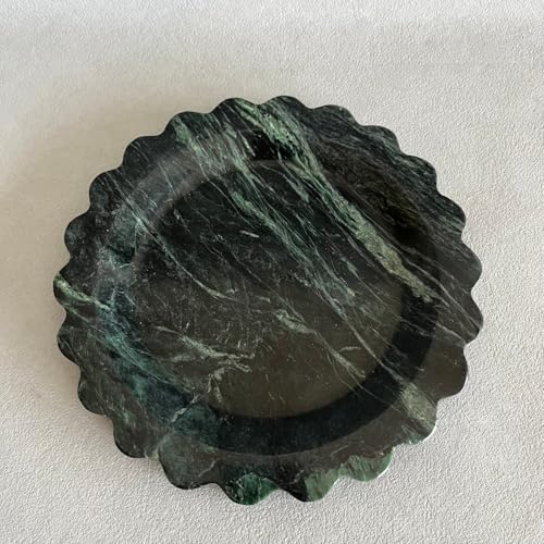 Travertine Marble Scalloped Tray Round Wave Tray Small Serving Platter for Counter, Bathroom, Kitchen, Nightstand, Jewelry Ring Dish Holder (White Dark Green) - color: White Dark Green