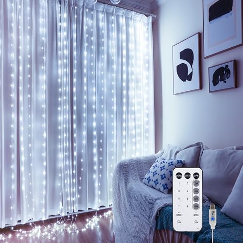 Fairy Curtain Lights for Bedroom, 300 LED 9.8x9.8 Ft Fairy Lights Curtain with Remote, String Light 8 Flashing Modes USB Plug in for Dorm Backdrop Window Wall Indoor Outdoor, White - color: White