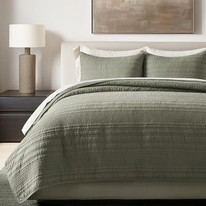 EVERGRACEHOME 100% Cotton Modern Lines Quilt Set King Size, Olive Green - color: Olive Green, size: King (108" X 92")