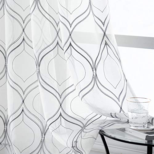 VISIONTEX White Sheer Curtains Grey Moroccan Embroidered 72 Inches Long - color: Moroccan-grey, size: 54"W x 72"L (Pack of 2)