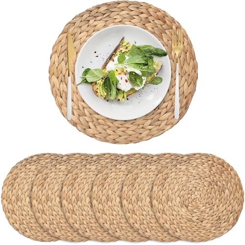 6 Pack Woven Placemats, Round Wicker Placemats, Rattan Place mats, Natural Hand-Woven Water Hyacinth Table Mats, Braided Straw Table Mats for Dining Table (15 inch) - size: 15 inch Set of 6