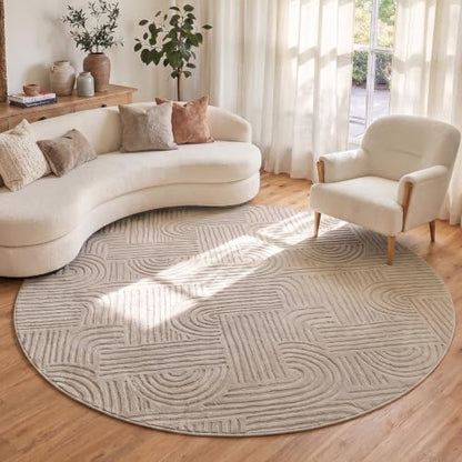 Etwel 6.5 ft Taupe Geometric Textured High-Low Pile Washable Round Rug - color: Neutral Taupe, size: 6'5"