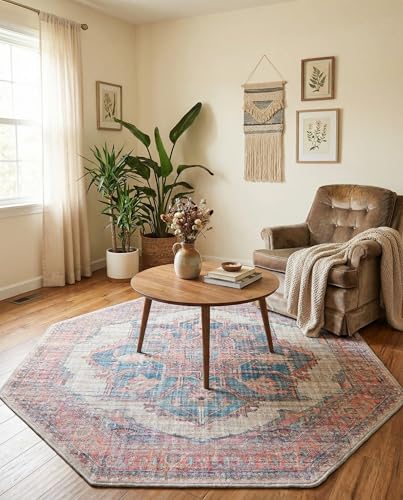 Rugs.com Nostalgia Collection Washable Rug – 5' 3 Octagon Antique Beige Flatweave Rug Perfect for Living Rooms, Kitchens, Entryways - size: 5'3" x 5'3" (Octagonal)