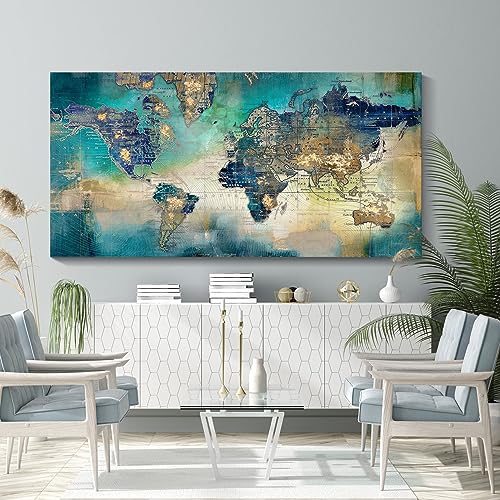 Large World Map Canvas Prints Wall Art for Living Room Office 30x60 Green World Map Picture Artwork Decor for Home Decoration - color: World Map Wall Art, size: 58"L x 29"W