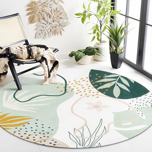 Lahome Green Washable Round Rug - 6Ft Round Area Rug for Living Room Throw Soft Boho Round Rug Large Non-Slip Round Dining Room Rug, Botanical Print Round Carpet for Bedroom Entryway Classroom Dorm - color: Green, size: 6' (Round)
