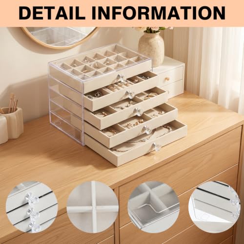 Acrylic Jewelry Box With 5 Drawers, Acrylic Jewelry Box Organizer With Velvet Trays, Clear Jewelry Box Organizer With Drawers For Jewelry Earrings Rings Necklaces (Beige)