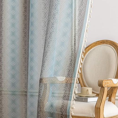 Turquoise Geometric Sheer Curtains 54 inch Long, Fringed Edges and Textured Semi Sheer Curtains Large Window Treatments for Living Room/Bedroom, 2 Panels - color: Turquoise Geometry, size: 52"W x 54"L (Pack of 2)