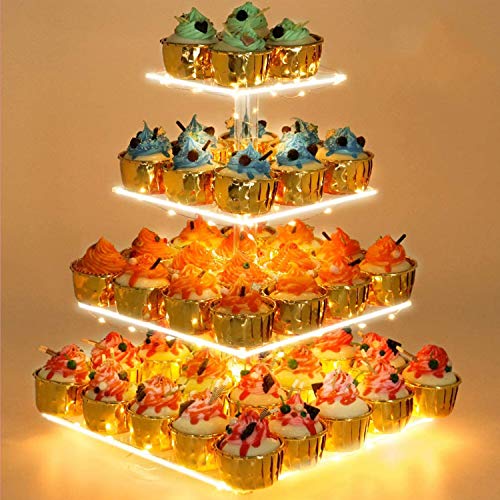 YestBuy Cupcake Stand with Yellow LED Lights, 4 Tier Cupcake Stand for 50 Cupcakes, Acrylic Cupcake Tower Stand, Clear Tiered Cupcake Holder for Birthday Candy Bar Décor Weddings, Parties Events - color: Yellow, size: 4 Tier Square