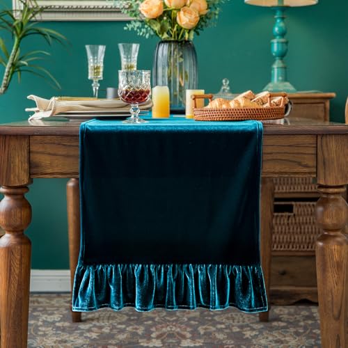 Velvet Table Runner Soft Decorative Luxurious Solid 72 Inches Long Tablecloth with Retro Ruffle Flounces Table Runner Dresser Scarves for Kitchen Dining Room Coffee Table Malachite Green,14x72 Inch - color: Malachite Green, size: 14x72 in