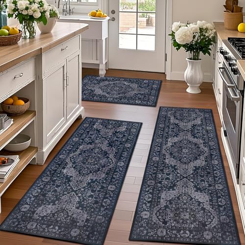 Boho Navy Blue Kitchen Rug Sets of 3, Non Slip Washable Kitchen Floor Mats, Soft Vintage Thin Farmhouse Decor Rugs for Sink Front, Entryway, Hallway, Bathroom and Laundry Room - color: Blue-b, size: 20"x32"+20"x48"+20"x59"