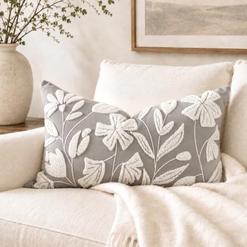 BlissBlush Lumbar Pillow Cover 12x20 Inch, Light Gray Floral Tufted Velvet Decorative Accent Pillow Case for Sofa Bed Living Room, Cover Only - color: Light Gray, size: 20" x 12" (Pack of 1)