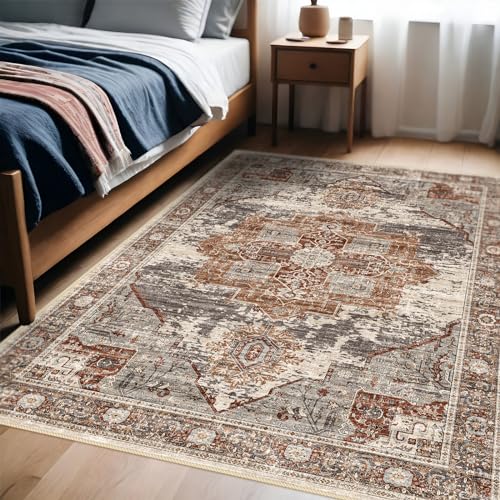 4x6 Living Room Area Rugs - Washable Area Rug Soft Stain Resistant Carpet Vintage Lightweight Ultra-Thin Rugs for Bedroom Kitchen entryway with Non Slip Backing Home Decor Small Mat 4X6 Brick - color: Brick, size: 4' x 6' (Rectangular)