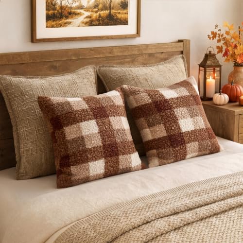 MIULEE Fall Plaid Pillow Covers Boucle Brown White 18x18 Set of 2 - color: Brown White, size: 18" x 18" (Pack of 2)