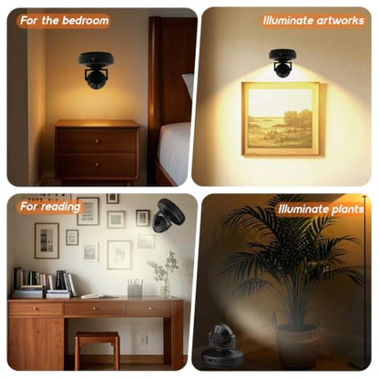 2Pack Rechargeable Battery LED Spotlight Indoor, Wireless Mini Art Accent Spot Lights with Remote Control Dimmable & Timer, Dimmable Uplight for Plants Display Painting Dartboard Portrait Closet - color: Black