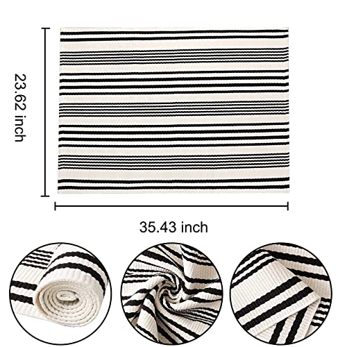 Black and White Striped Doormat 24"x35"Cotton Washable Fall Layering Rug - color: White Striped, size: 2' x 3' (Rectangular)