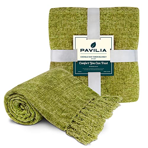 PAVILIA Chenille Throw Blanket, Knit Sofa Couch Tassel Throw, Olive 50x60 - color: Olive, size: 50 X 60 Inches - Throw