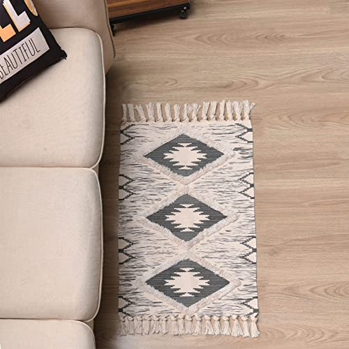 Boho Bathroom Rugs 2x3ft Farmhouse Bath Runner Rug, Small Tufted Cotton Accent Floor Mat with Tassels, Grey - color: Grey, size: 2' x 3' (Runner)