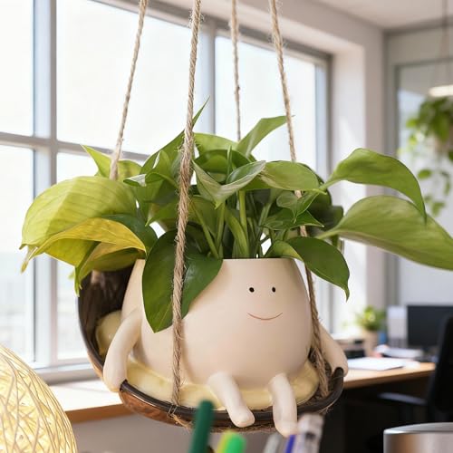 NINIPAPA Hanging Swing Chair Planter Pot Smile Face Plant Pot for Indoor Outdoor Plants Cute Head Flower Pots for Succulent String of Pearls Unique Gift on Mother's Day, Birthday, Christmas - size: Small