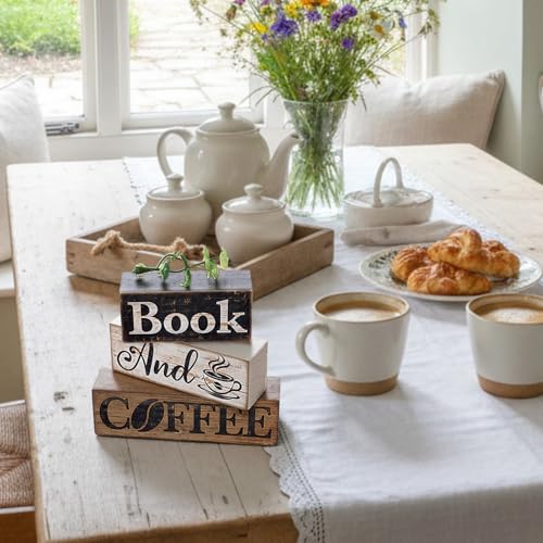 Moucuny 4 Pcs Farmhouse Table Decor Rustic Wooden Book and Coffee Signs - style: Coffee