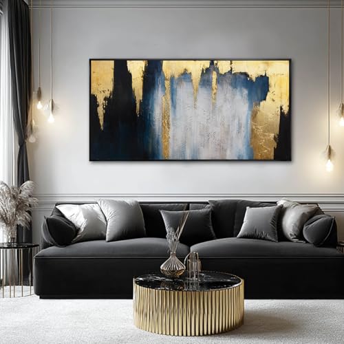 Framed Blue Gold Abstract Canvas Wall Art for Living Room 24x48 Inch - color: Blue and Gold, size: 48"L x 24"W