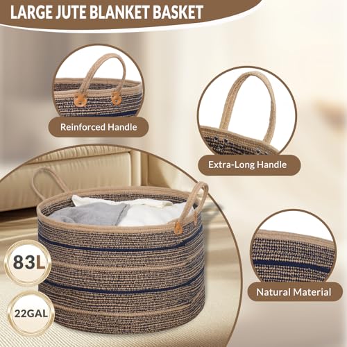 ZOES HOMEWARE Sapphire Blue Large Blanket Basket, 22"x22"x14" | Jute Blanket Basket Living Room, Laundry, Nursery | Toy Basket for Blankets, Toys, Hand Woven Crafted (Brown&Blue)