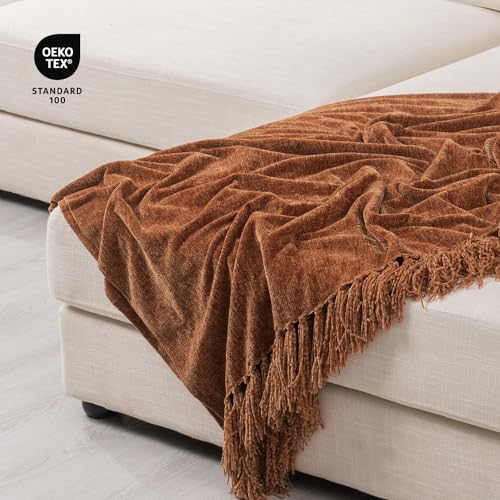 RECYCO Throw Blanket Soft Cozy Chenille Throw Blanket with Fringe Tassel for Couch Sofa Chair Bed Living Room Gift (Rust, 50" x 60") - color: Rust, size: 50'' X 60''