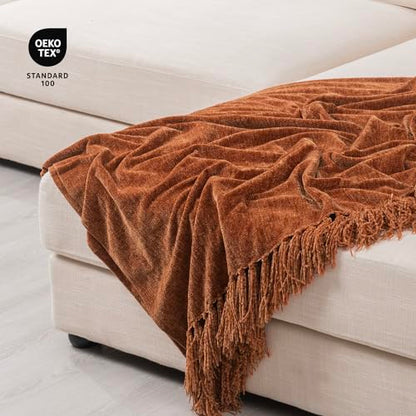 RECYCO Throw Blanket Soft Cozy Chenille Throw Blanket with Fringe Tassel for Couch Sofa Chair Bed Living Room Gift (Rust, 50" x 60") - color: Rust, size: 50'' X 60''