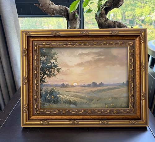 Vintage Gold Framed Wall Art Retro Fall Sunset Country Oil Painting Canvas Prints Watercolor Autumn Landscape Picture Rustic Farmhouse Soft Nature Poster Artwork for Living Room Bedroom, 16x24in - color: Autumn Landscape, size: 24"L x 16"W