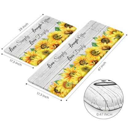 KIMODE Anti Fatigue Kitchen Mat, Farmhouse Sunflower Kitchen Rugs Sets of 2 - color: Sunflower/White, size: 47"L x 17.3"W x 0.47"Th + 29"L x 17.3"W x 0.47"Th