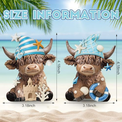 Karenhi 2 Pcs Beach Highland Cow Figurines, Ocean Resin Statues - style: Ocean