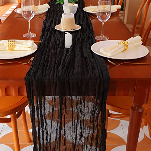 Snowkingdom 10 Ft Black Cheesecloth Table Runner, 120 inch Long Cheese Cloth Boho Gauze Runner for Wedding Bridal Baby Shower Birthday Holiday Party Sheer Halloween Table Decorations - color: Black, size: 10FT/1Pc