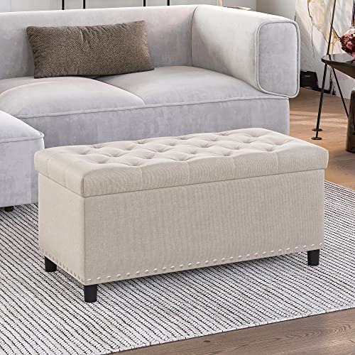 BELLEZE Storage Ottoman, Tufted Ottoman with Close Hinge, Foot Rest for Living Room (Beige, 31 inch) - color: Beige B