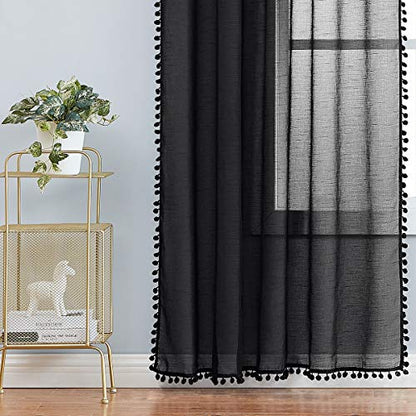 Black Pom Pom Sheer Curtains for Bedroom 52x63" Voile Draperies Guest Room - color: Modern Black, size: 52"W x 63"L (Pack of 2)