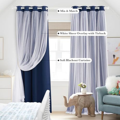 PONY DANCE Navy Blue Blackout Curtains with White Sheer Overlay for Bedroom - color: Navy Blue, size: 52"W x 63"L (Pack of 2)