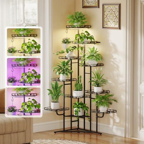Quikraen Plant Stand Indoor with Grow Lights, 58" Tall Lighted Corner Plant Shelf for Indoor Growing, 10-Tier Multiple Metal Large Flower Holder, Plant Rack for Home Decor, Patio (Black) - color: Black, size: 10-Tier with grow light