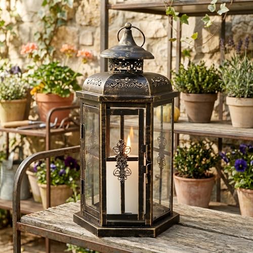 JHY DESIGN Medium Decorative Lanterns 12“H Outdoor Candle Lanterns Vintage Metal Candle Holder for Indoor Outdoor, Events, Parities and Weddings(Black with Gold Brush) - color: 12“h Black
