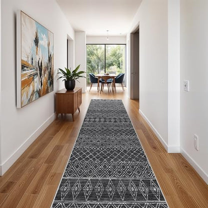 Washable 2.6x14 Runner Rug Moroccan: Hallway Non Slip Geometric Rugs Black - color: Black, size: 2'6" x 14' (Rectangular)